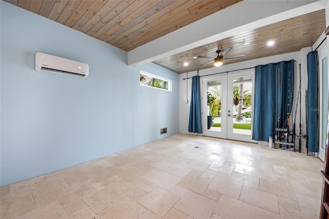 empty room with ceiling fan, a wall mounted air conditioner, wood ceiling, and french doors