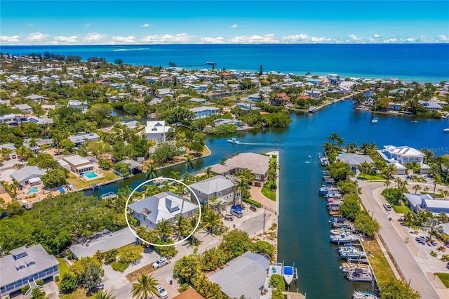 drone / aerial view featuring a water view