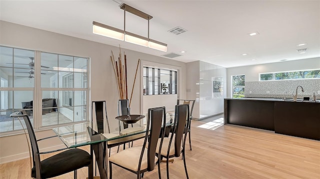 dining area featuring ceiling fan, sink, and light wood-type flooring