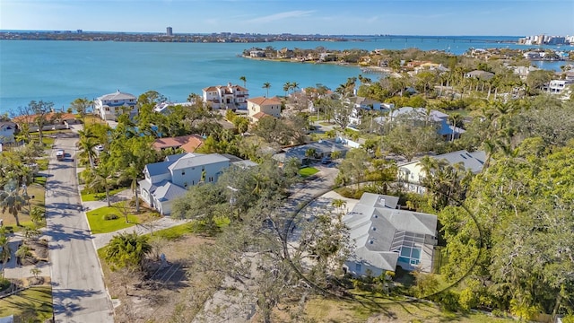 drone / aerial view featuring a water view