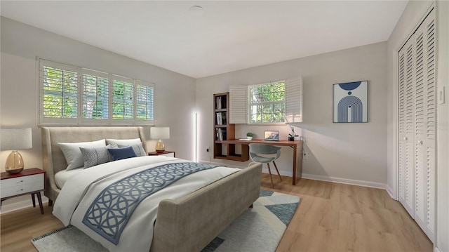 bedroom with a closet and light hardwood / wood-style flooring