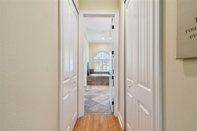 hallway featuring crown molding and light hardwood / wood-style floors