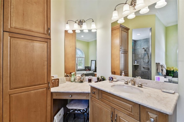 bathroom with vanity, tiled shower, and ornamental molding