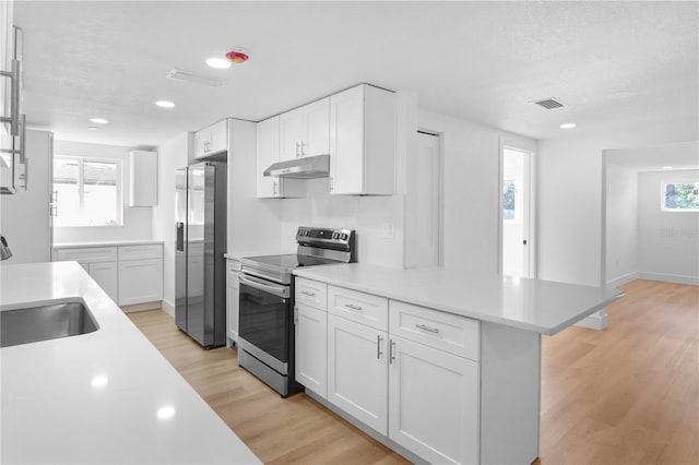 kitchen featuring appliances with stainless steel finishes, sink, white cabinets, and light hardwood / wood-style floors