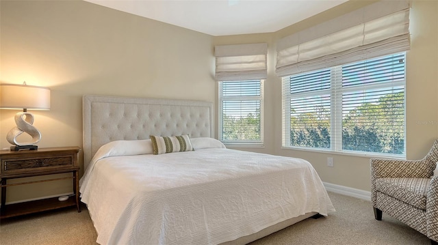 bedroom with light colored carpet