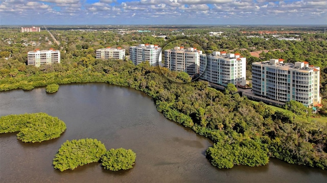 drone / aerial view with a water view