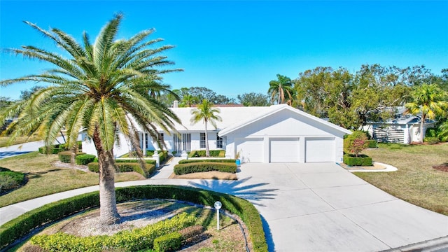 ranch-style home with a garage and a front lawn