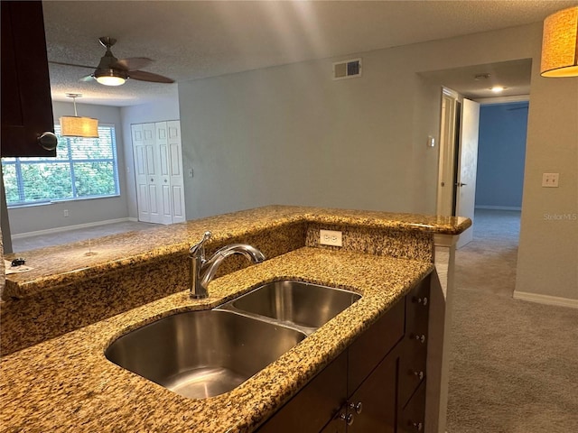 kitchen with sink, ceiling fan, dark brown cabinets, carpet, and a textured ceiling