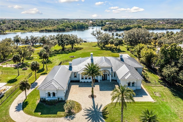 aerial view featuring a water view