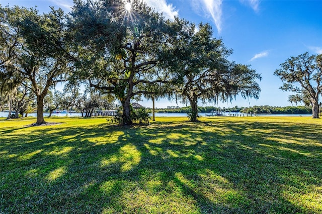 surrounding community featuring a water view and a yard