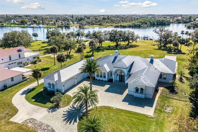 aerial view featuring a water view