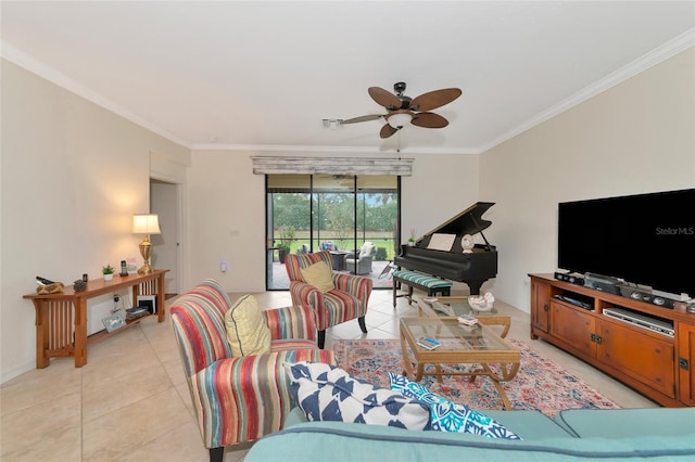 tiled living room with crown molding and ceiling fan