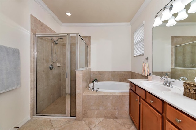 bathroom with vanity, tile patterned flooring, ornamental molding, and separate shower and tub