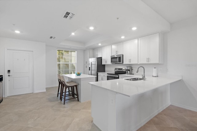 kitchen featuring sink, stainless steel appliances, a kitchen breakfast bar, and white cabinets