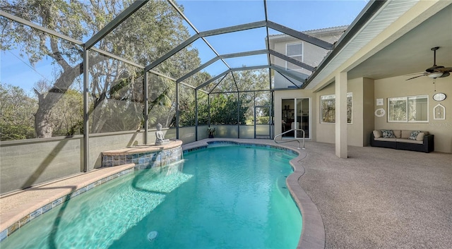 12471 Natureview Cir, Bradenton, FL 34212 - view of swimming pool with ceiling fan, a patio, a lanai, and a hot tub