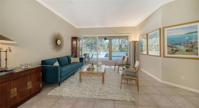 12471 Natureview Cir, Bradenton, FL 34212 - living area featuring light tile patterned floors, crown molding, a sunroom, and baseboards