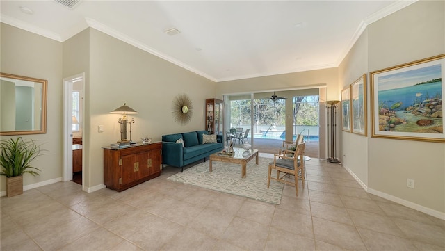 12471 Natureview Cir, Bradenton, FL 34212 - living room with light tile patterned floors, ornamental molding, baseboards, and a ceiling fan