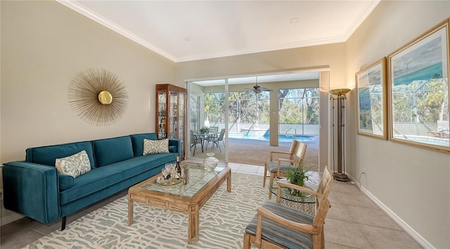 12471 Natureview Cir, Bradenton, FL 34212 - living area with a sunroom, light tile patterned flooring, ornamental molding, baseboards, and ceiling fan