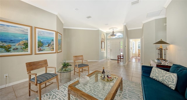 12471 Natureview Cir, Bradenton, FL 34212 - living room with light tile patterned flooring, baseboards, and crown molding