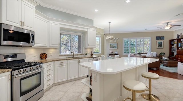 12471 Natureview Cir, Bradenton, FL 34212 - kitchen with stainless steel appliances, a sink, open floor plan, light tile patterned floors, and ornamental molding