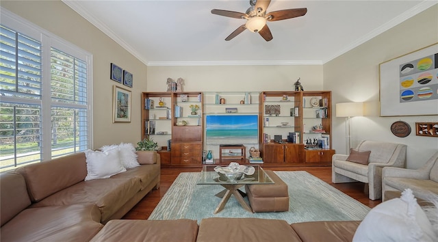 12471 Natureview Cir, Bradenton, FL 34212 - living room with wood finished floors, crown molding, and ceiling fan