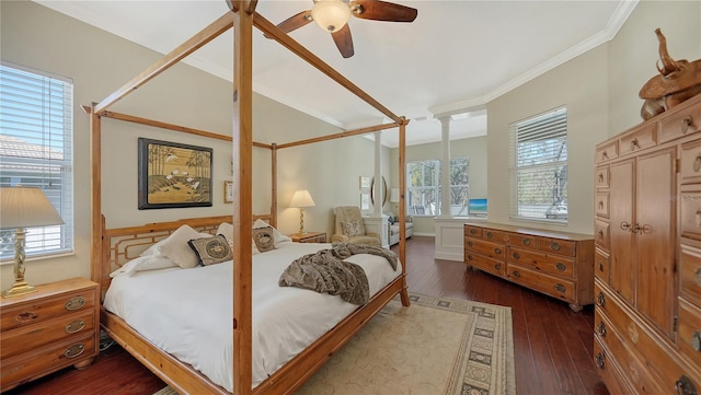12471 Natureview Cir, Bradenton, FL 34212 - bedroom with dark wood finished floors, ornamental molding, and ceiling fan