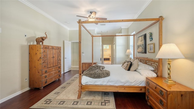 12471 Natureview Cir, Bradenton, FL 34212 - bedroom featuring crown molding, dark wood-type flooring, baseboards, ensuite bathroom, and a ceiling fan