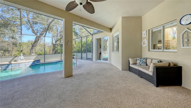 12471 Natureview Cir, Bradenton, FL 34212 - outdoor pool with a patio, a ceiling fan, a lanai, and an outdoor hangout area
