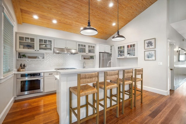 kitchen with wood ceiling, decorative light fixtures, stainless steel appliances, and white cabinets