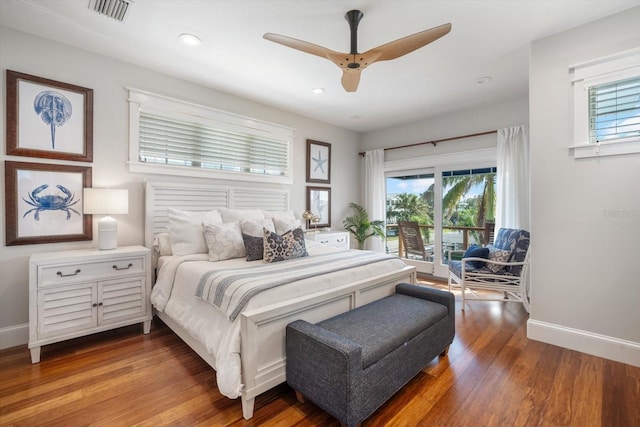 bedroom with wood-type flooring, access to exterior, and ceiling fan