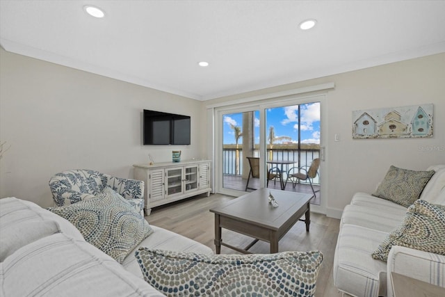 living room with crown molding and light wood-type flooring