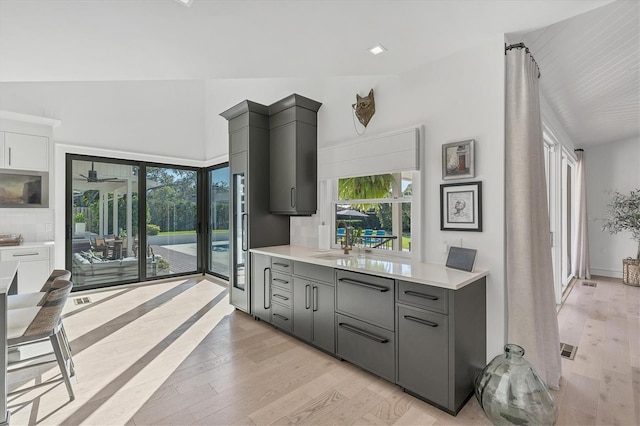 kitchen with sink, light wood-type flooring, and gray cabinetry