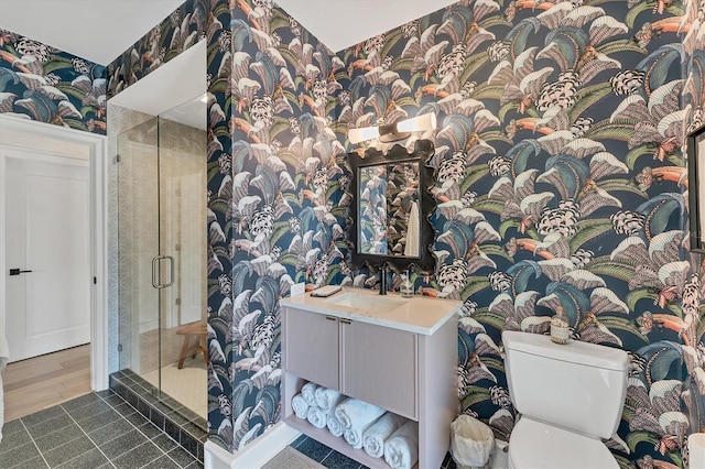 bathroom featuring vanity, a shower with door, and toilet