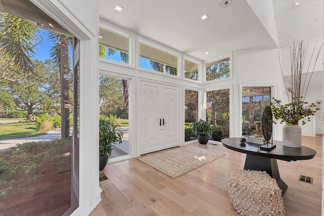 foyer featuring a healthy amount of sunlight, light hardwood / wood-style floors, and a high ceiling