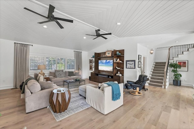 living room featuring ceiling fan, vaulted ceiling, light hardwood / wood-style flooring, and wooden ceiling