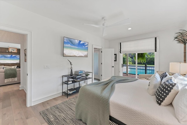 bedroom with access to exterior, light hardwood / wood-style flooring, and ceiling fan