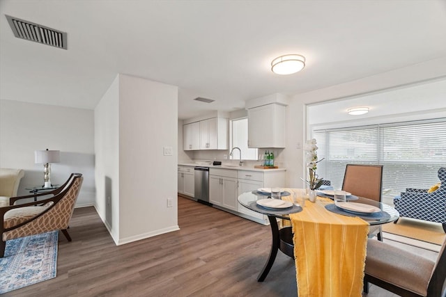 dining area featuring sink and wood-type flooring