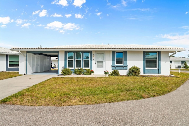 single story home with a carport and a front lawn