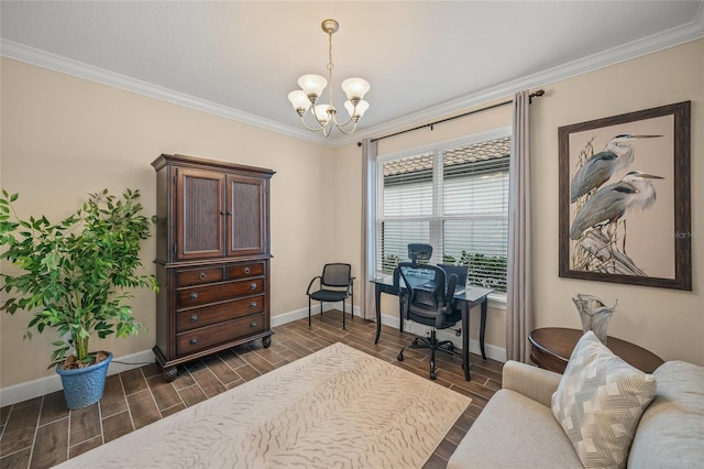 office area with crown molding and a chandelier