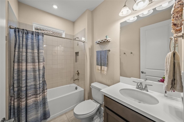 full bathroom with vanity, shower / bathtub combination with curtain, tile patterned floors, and toilet