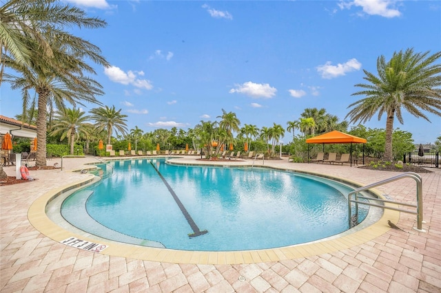 view of pool featuring a gazebo and a patio