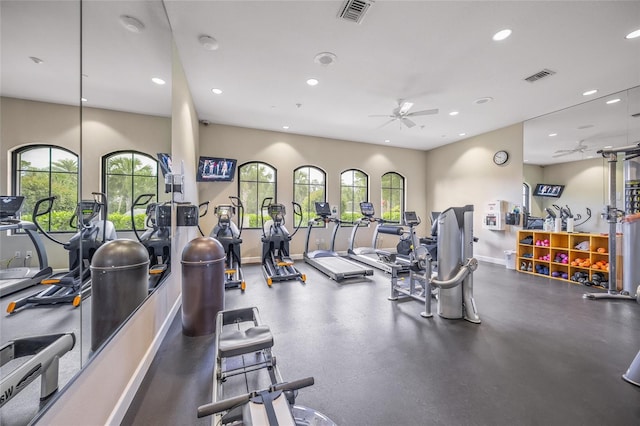 workout area featuring ceiling fan and a wealth of natural light