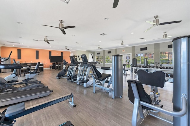 exercise room with ornamental molding and hardwood / wood-style floors