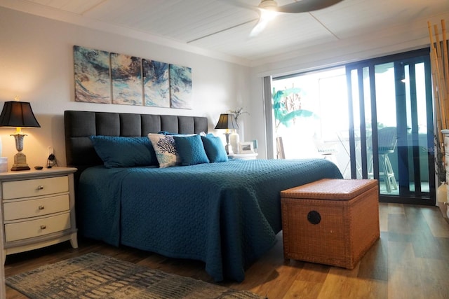 bedroom featuring access to exterior, ceiling fan, and light wood-type flooring