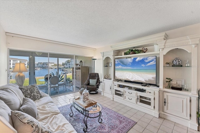 tiled living room with a textured ceiling