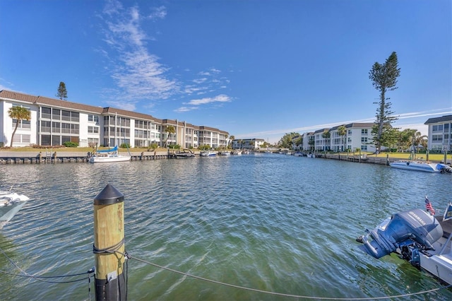 view of water feature with a dock