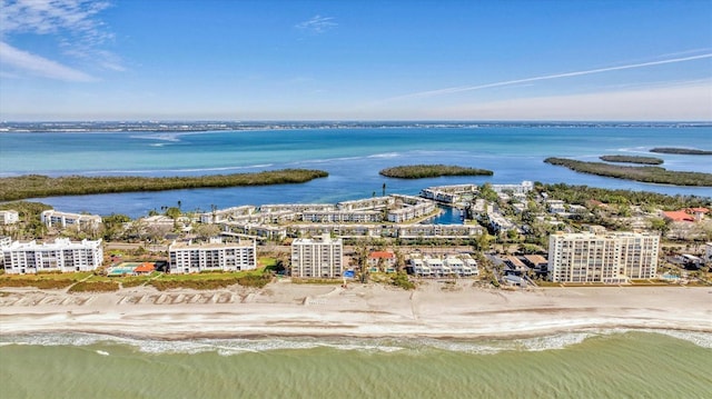 aerial view featuring a beach view and a water view