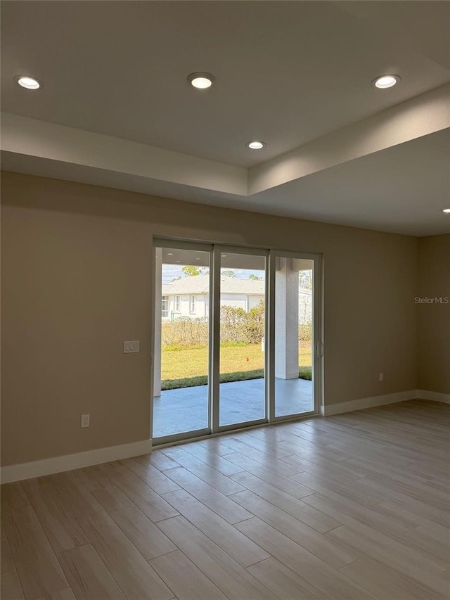 spare room featuring a raised ceiling and light wood-type flooring