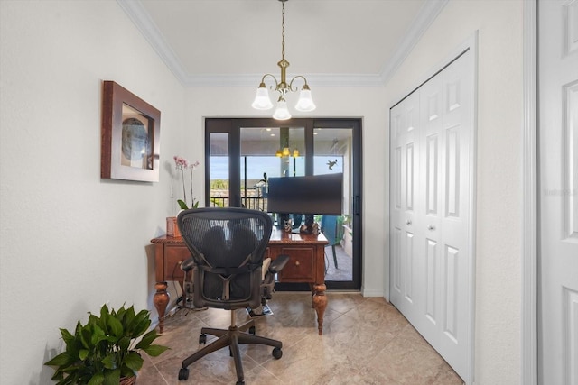 tiled home office with ornamental molding and a notable chandelier