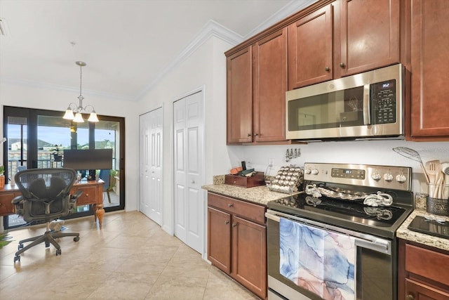 kitchen with crown molding, an inviting chandelier, hanging light fixtures, stainless steel appliances, and light stone counters